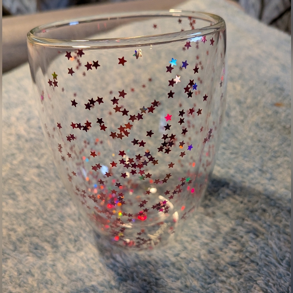 Cosmic Glitter Cup Glass Coral Stars Double Walled Brand New Sipology